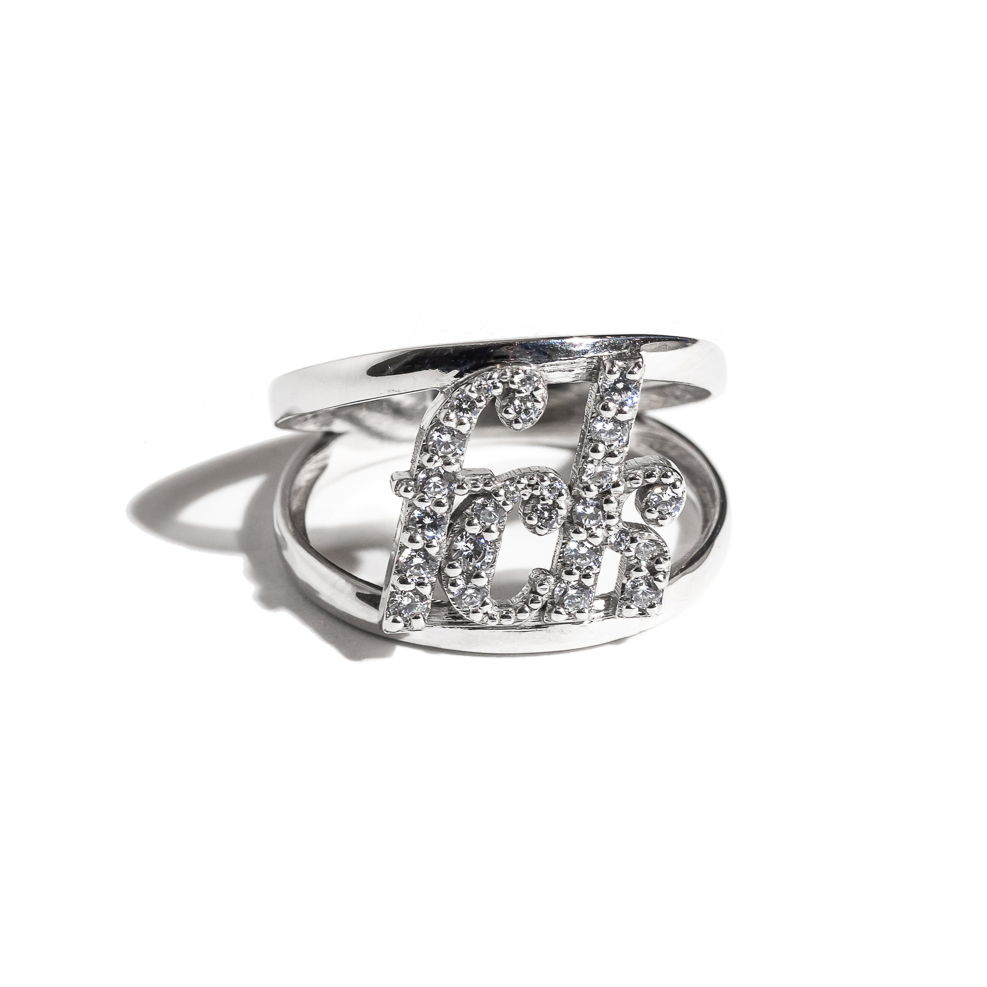 silver fck split shank ring with cubic zirconias